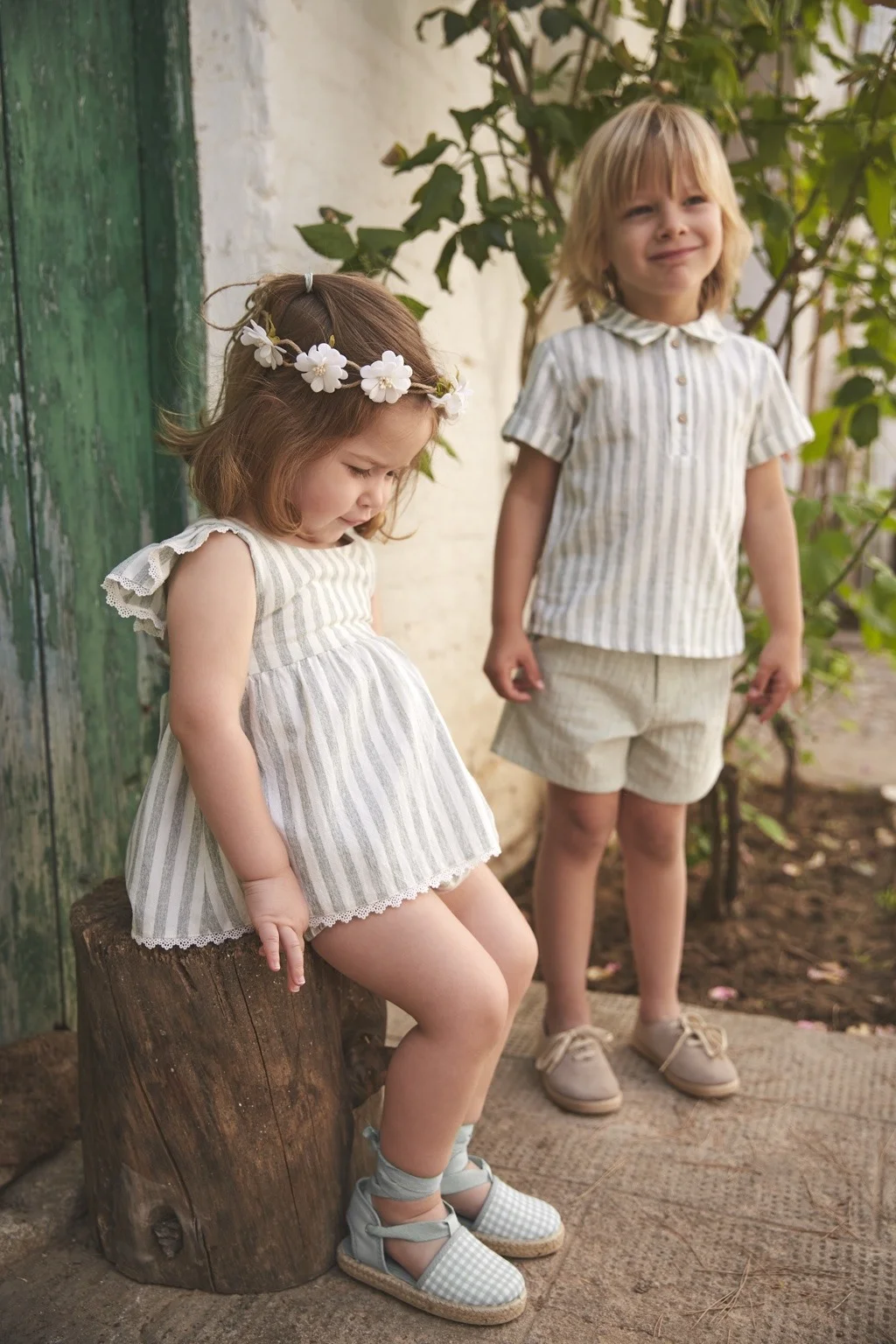 Babidu Girls’ Striped Cotton-Linen Dress & Bloomers Set
