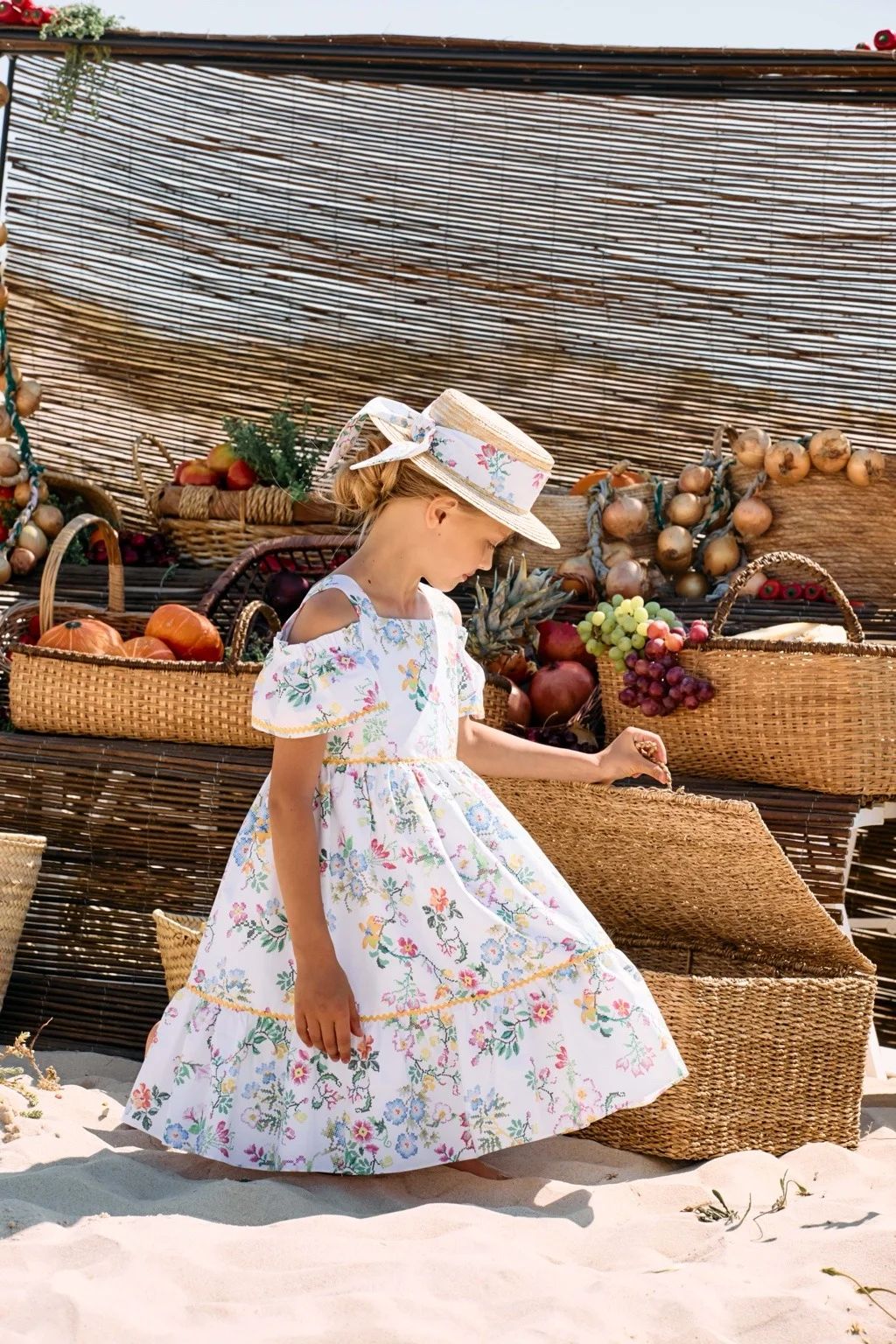 Patachou Girls’ Straw Hat with Floral Ribbon